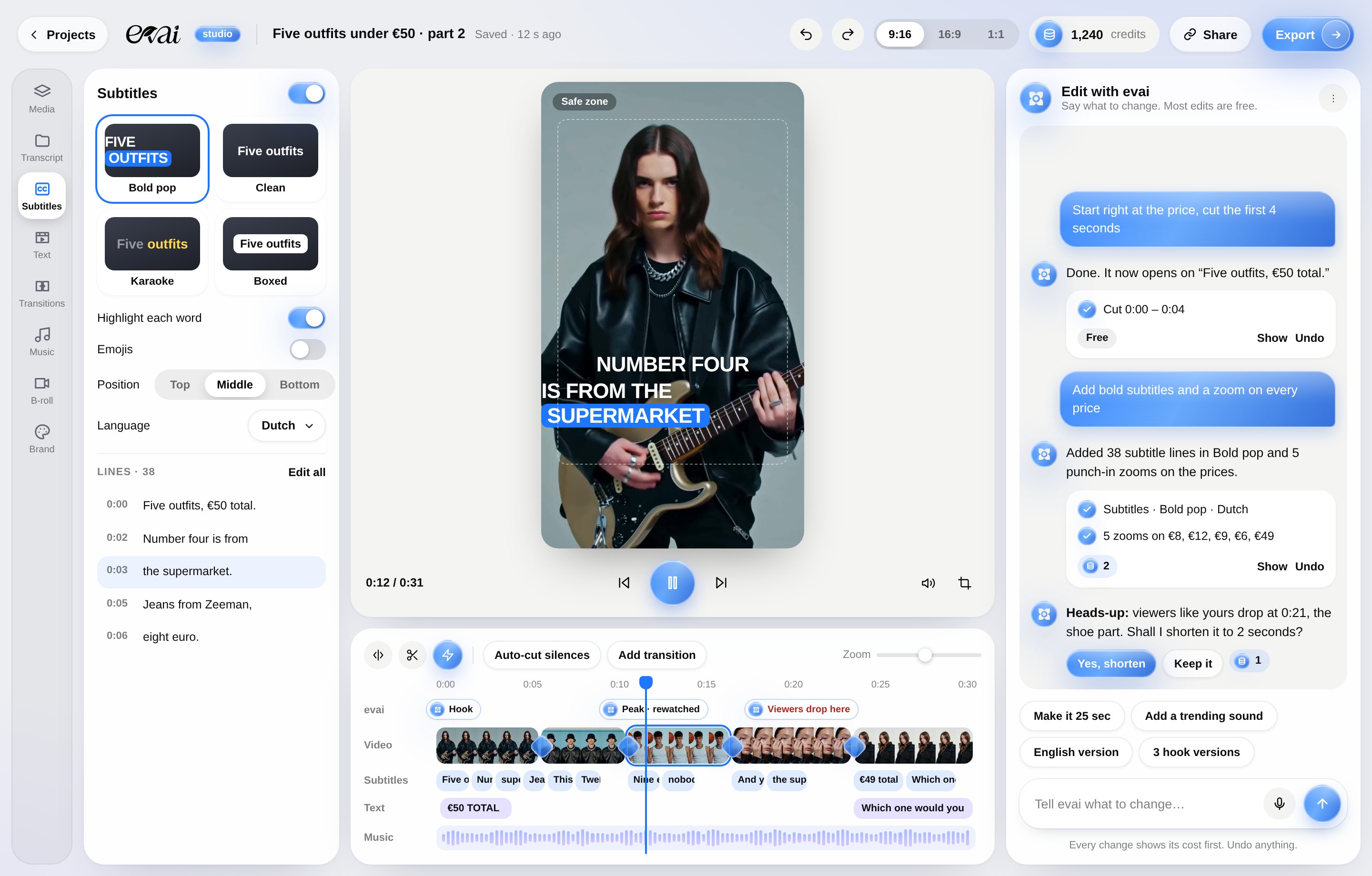 evai Studio editor with the evai chat next to it